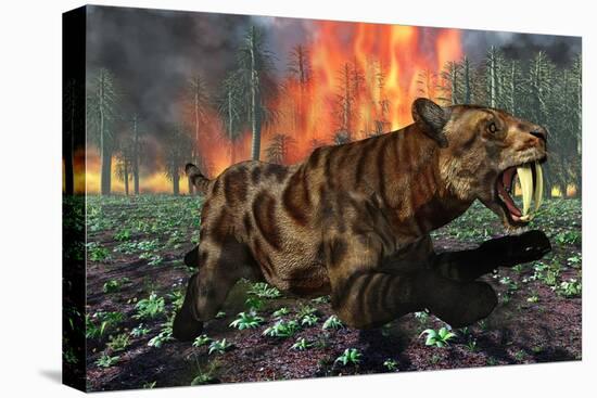 A Saber-Toothed Tiger Running Away from a Forest Fire-null-Stretched Canvas