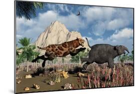 A Sabre-Tooth Tiger Attacking a Young Deinotherium-Stocktrek Images-Mounted Art Print