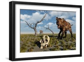 A Sabre Tooth Tiger Discovers a Humanoid Skull-null-Framed Art Print