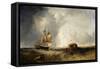 A Sailing Ship and a Rowing Boat off Calais, 19Th Century (Oil on Canvas)-British School-Framed Stretched Canvas