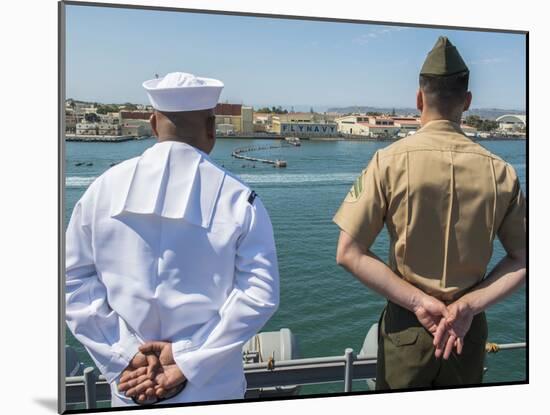 A Sailor and Marine Man the Rails Aboard USS Boxer-null-Mounted Photographic Print