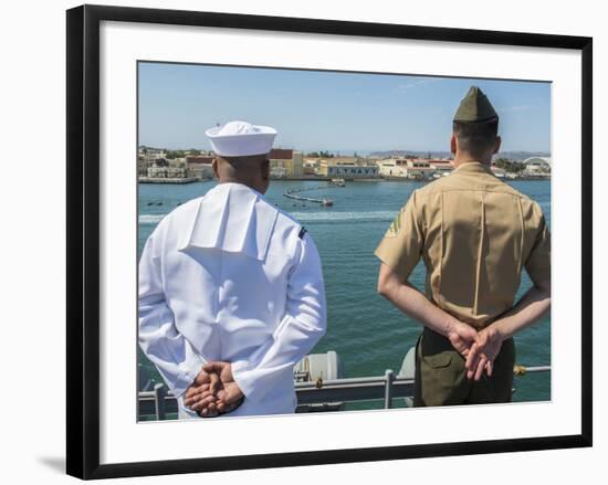 A Sailor and Marine Man the Rails Aboard USS Boxer-null-Framed Photographic Print