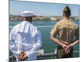 A Sailor and Marine Man the Rails Aboard USS Boxer-null-Mounted Photographic Print
