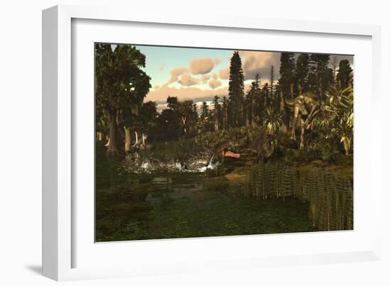 A Sarcosuchus and Deltadromeus Attack a Lone Ouranosaurus-null-Framed Art Print