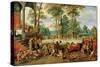 A Satire of Tulip Mania, C. 1640 (Oil on Wood)-Jan the Younger Brueghel-Stretched Canvas