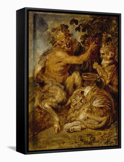 A Satyr Pressing Grapes with a Tiger and Leopard, C.1618-Peter Paul Rubens-Framed Stretched Canvas