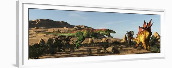 A Saurophaganax Dinosaur Attacks a Stegosaurus-Stocktrek Images-Framed Premium Giclee Print