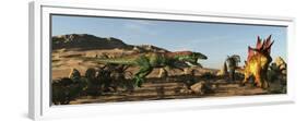 A Saurophaganax Dinosaur Attacks a Stegosaurus-Stocktrek Images-Framed Premium Giclee Print