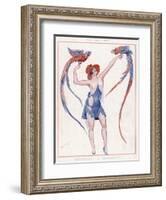 A Scantily Dressed Woman Displays Two Rather Noisy Looking Parrots-null-Framed Art Print