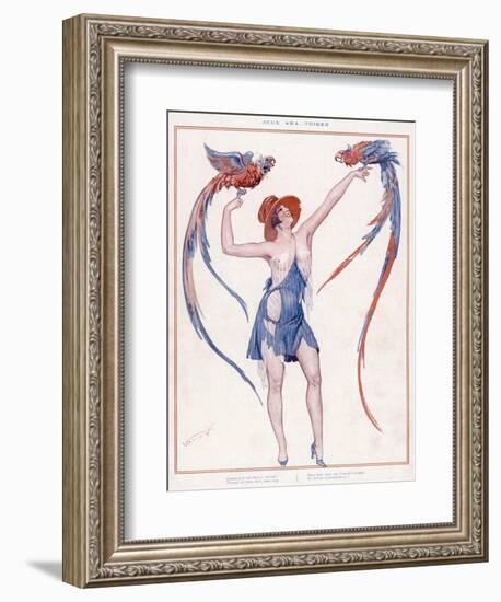 A Scantily Dressed Woman Displays Two Rather Noisy Looking Parrots-null-Framed Art Print