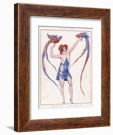 A Scantily Dressed Woman Displays Two Rather Noisy Looking Parrots-null-Framed Art Print