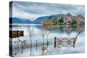 A Scenic Landscape View of Derwentwater, Winter with a Flooded Field and Gate-Julian Eales-Stretched Canvas