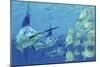 A School of Ayu Fish Try to Escape from Three Carnivorous Blue Marlins-Stocktrek Images-Mounted Art Print