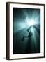 A Scuba Diver Ascends into the Light Emanating Above-null-Framed Art Print