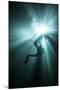 A Scuba Diver Ascends into the Light Emanating Above-null-Mounted Art Print