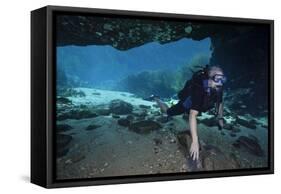 A Scuba Diver Explores the Blue Springs Cave in Marianna, Florida-null-Framed Stretched Canvas