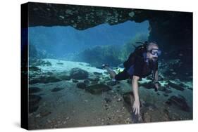 A Scuba Diver Explores the Blue Springs Cave in Marianna, Florida-null-Stretched Canvas