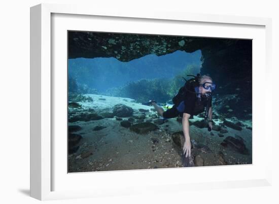 A Scuba Diver Explores the Blue Springs Cave in Marianna, Florida-null-Framed Art Print