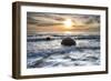 A seagull sat on a Moeraki Boulders at sunrise, Otago, South Island, New Zealand-Ed Rhodes-Framed Photographic Print