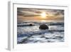 A seagull sat on a Moeraki Boulders at sunrise, Otago, South Island, New Zealand-Ed Rhodes-Framed Photographic Print