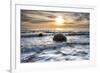 A seagull sat on a Moeraki Boulders at sunrise, Otago, South Island, New Zealand-Ed Rhodes-Framed Photographic Print