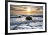 A seagull sat on a Moeraki Boulders at sunrise, Otago, South Island, New Zealand-Ed Rhodes-Framed Photographic Print