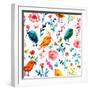 A Seamless Background Pattern with Quirky Watercolor Birds, Butterflies, and Abstract Florals, Hand-Plateresca-Framed Art Print