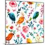 A Seamless Background Pattern with Quirky Watercolor Birds, Butterflies, and Abstract Florals, Hand-Plateresca-Mounted Art Print