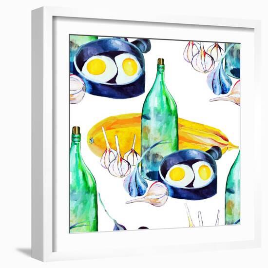 A Seamless Pattern with a Rustic Still Life. the Bottle of Moonshine, the Scrambled Eggs, the Garli-chempina-Framed Art Print