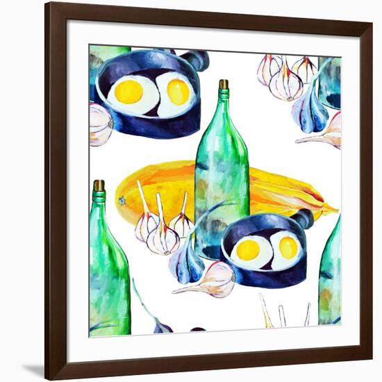 A Seamless Pattern with a Rustic Still Life. the Bottle of Moonshine, the Scrambled Eggs, the Garli-chempina-Framed Art Print