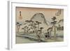 A Servant Rushes over a Winding Road with Trees and a Gray Mountain Behind to See Mount Fuji-Utagawa Hiroshige-Framed Art Print