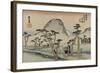 A Servant Rushes over a Winding Road with Trees and a Gray Mountain Behind to See Mount Fuji-Utagawa Hiroshige-Framed Art Print