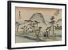 A Servant Rushes over a Winding Road with Trees and a Gray Mountain Behind to See Mount Fuji-Utagawa Hiroshige-Framed Art Print