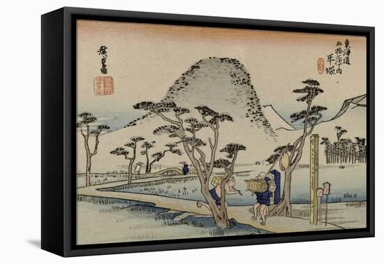 A Servant Rushes over a Winding Road with Trees and a Gray Mountain Behind to See Mount Fuji-Utagawa Hiroshige-Framed Stretched Canvas