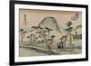 A Servant Rushes over a Winding Road with Trees and a Gray Mountain Behind to See Mount Fuji-Utagawa Hiroshige-Framed Art Print