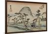 A Servant Rushes over a Winding Road with Trees and a Gray Mountain Behind to See Mount Fuji-Utagawa Hiroshige-Framed Art Print