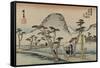 A Servant Rushes over a Winding Road with Trees and a Gray Mountain Behind to See Mount Fuji-Utagawa Hiroshige-Framed Stretched Canvas