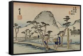 A Servant Rushes over a Winding Road with Trees and a Gray Mountain Behind to See Mount Fuji-Utagawa Hiroshige-Framed Stretched Canvas