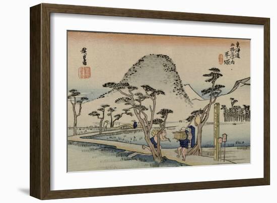 A Servant Rushes over a Winding Road with Trees and a Gray Mountain Behind to See Mount Fuji-Utagawa Hiroshige-Framed Art Print