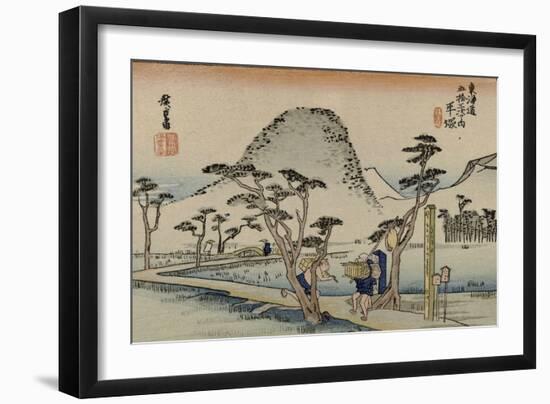 A Servant Rushes over a Winding Road with Trees and a Gray Mountain Behind to See Mount Fuji-Utagawa Hiroshige-Framed Art Print