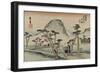 A Servant Rushes over a Winding Road with Trees and a Gray Mountain Behind to See Mount Fuji-Utagawa Hiroshige-Framed Art Print