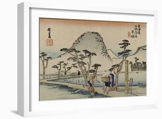 A Servant Rushes over a Winding Road with Trees and a Gray Mountain Behind to See Mount Fuji-Utagawa Hiroshige-Framed Art Print