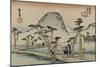 A Servant Rushes over a Winding Road with Trees and a Gray Mountain Behind to See Mount Fuji-Utagawa Hiroshige-Mounted Art Print