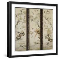 A Set of Three Embroidered Panels of Cream Satin, Each One with Different Birds Among Flowering…-null-Framed Giclee Print