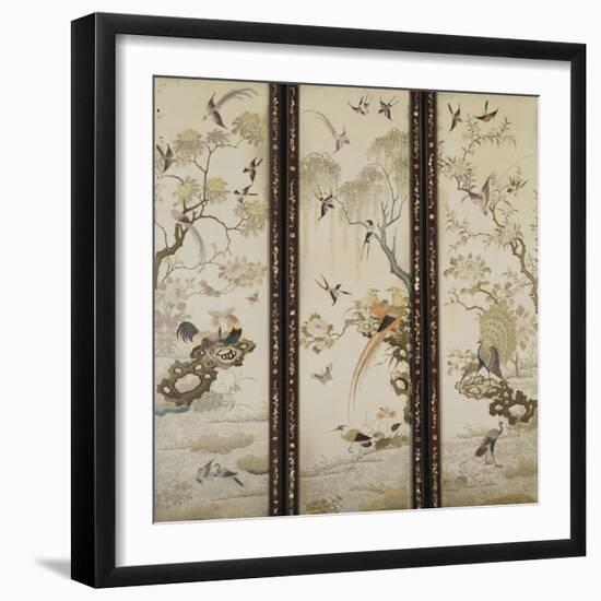 A Set of Three Embroidered Panels of Cream Satin, Each One with Different Birds Among Flowering…-null-Framed Giclee Print