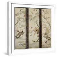 A Set of Three Embroidered Panels of Cream Satin, Each One with Different Birds Among Flowering…-null-Framed Giclee Print