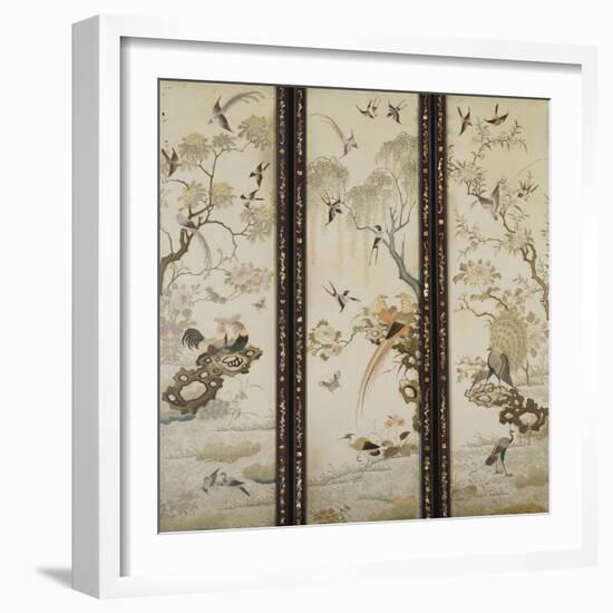 A Set of Three Embroidered Panels of Cream Satin, Each One with Different Birds Among Flowering…-null-Framed Giclee Print