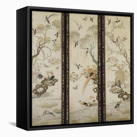 A Set of Three Embroidered Panels of Cream Satin, Each One with Different Birds Among Flowering…-null-Framed Stretched Canvas