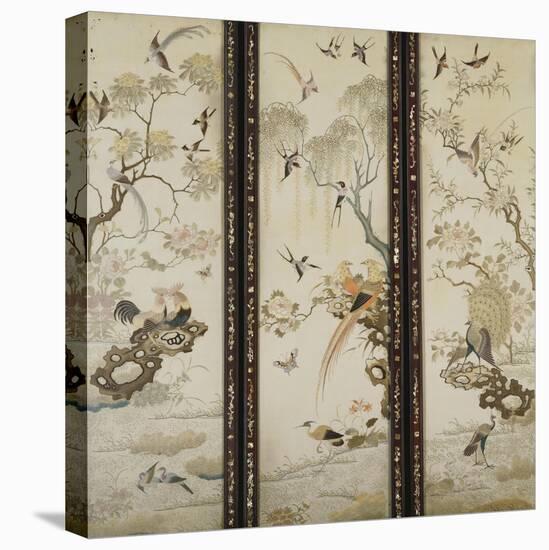 A Set of Three Embroidered Panels of Cream Satin, Each One with Different Birds Among Flowering…-null-Stretched Canvas