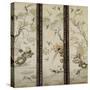 A Set of Three Embroidered Panels of Cream Satin, Each One with Different Birds Among Flowering…-null-Stretched Canvas